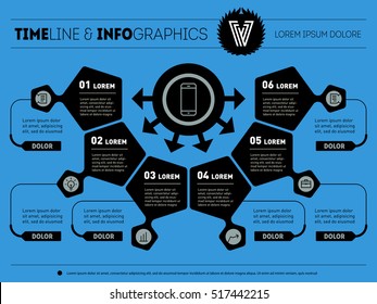 Vector infographic of technology or Business process. Part of the report with logo and icons set. The concept of learning with six options. Web Template of a chart, diagram or presentation.