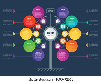 Vector infographic of technology or education process with 10 steps. Web Template of service tree, info chart or diagram. Business presentation concept with 10 options.