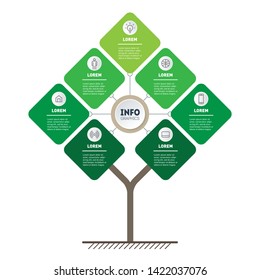 Vector infographic of technology or education process with 7 points. Template of tree, info chart or diagram. Vertical eco Business presentation concept with seven options.