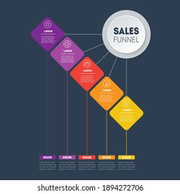 Vector infographic of technology or education process with five steps. Web Template of a sales pipeline, purchase funnel, sales funnel or info chart. Business presentation concept with 5 options.