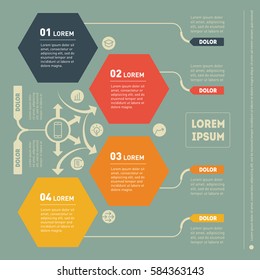 Vector infographic of technology or education process. Business concept with 4 options. Web Template of a infochart, diagram or presentation on green background. Part of the report with icons set
