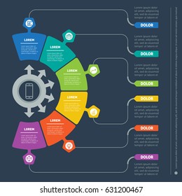 Vector infographic of technology or education process. Business concept with 6 options. Web Template of a chart, diagram or presentation on dark background. Part of the report with icons set.