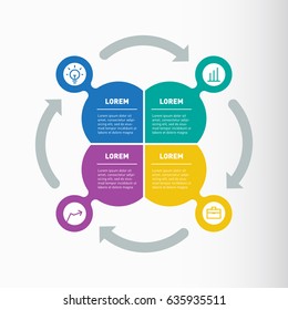 Vector infographic of technology or education process. Business presentation concept with four options. Part of the report with logo and icons set. Web Template of a circle info chart or diagram