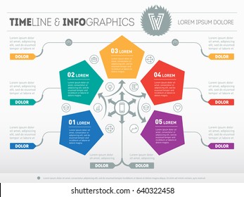 Vector infographic of technology or education process. Business presentation concept with 5 options. Web Template of a circle info chart, diagram or presentation. Part of the report with icons set.