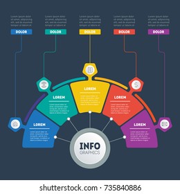 Vector infographic of technology or education process with 5 steps. Business presentation concept with 5 options. Web Template of a circle info chart, diagram or presentation on dark background.