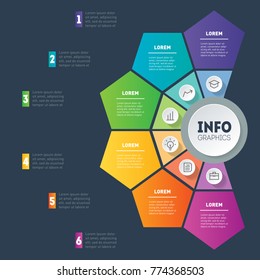 Vector infographic of technology or education process. Business presentation concept with 6 options. Web Template of a info graphics, chart, diagram on dark background. Part of the report