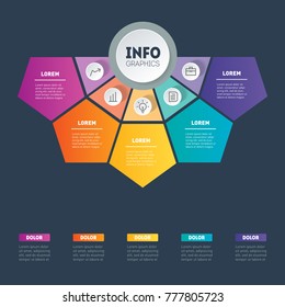 Vector Infographic Of Technology Or Education Process. Business Presentation Concept With 5 Options. Part Of The Report With Icons. Web Template Of A Info Graphics, Chart, Diagram On Dark Background.