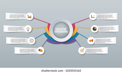 Vector infographic template with 3D paper label, integrated circles. Business concept with 8 options. For content, diagram, flowchart, steps, parts, timeline infographics, workflow layout, chart