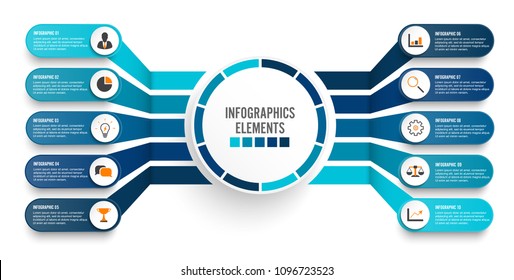 Vector infographic template with 3D paper label, integrated circles. Business concept with 10 options. For content, diagram, flowchart, steps, parts, timeline infographics, workflow, chart.