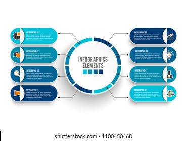 Vector infographic template with 3D paper label, integrated circles. Business concept with 8 options. For content, diagram, flowchart, steps, parts, timeline infographics, workflow, chart.