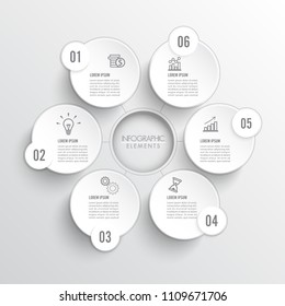 Vector infographic template with 3D paper label, integrated circles. Business concept with 6 options. For content, diagram, flowchart, steps, parts, timeline infographics.