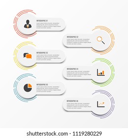 Vector infographic template with 3D paper label, integrated circles. Business concept with 6 options. For content, diagram, flowchart, steps, parts, timeline infographics.