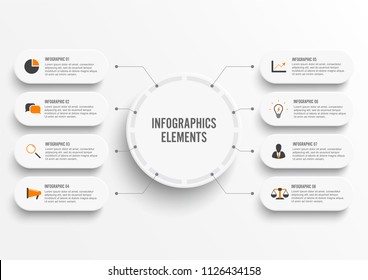 Vector infographic template with 3D paper label, integrated circles. Business concept with 8 options. For content, diagram, flowchart, steps, parts, timeline infographics, workflow, chart.