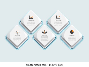 Vector infographic template with 3D paper label, integrated circles. Business concept with 5 options. For content, diagram, flowchart, steps, parts, timeline infographics.