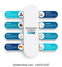 Vector infographic template with 3D paper label, integrated circles. Business concept with 8 options. For content, diagram, flowchart, steps, parts, timeline infographics, workflow, chart.