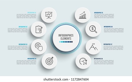 Vector infographic template with 3D paper label, integrated circles. Business concept with 8 options. For content, diagram, flowchart, steps, parts, timeline infographics, workflow, chart.