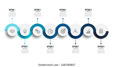 Vector infographic template with 3D paper label, integrated circles. Business concept with 8 options. For content, diagram, flowchart, steps, parts, timeline infographics, workflow, chart.