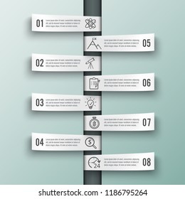 Vector infographic template with 3D paper label, integrated circles. Business concept with 8 options. For content, diagram, flowchart, steps, parts, timeline infographics, workflow, chart.