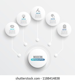 Vector infographic template with 3D paper label, integrated circles. Business concept with five options. For content, diagram, flowchart, steps, parts, timeline infographics, workflow layout, chart.