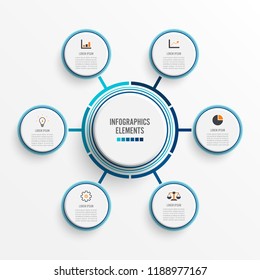 Vector infographic template with 3D paper label, integrated circles. Business concept with 6 options. For content, diagram, flowchart, steps, parts, timeline infographics, workflow, chart.