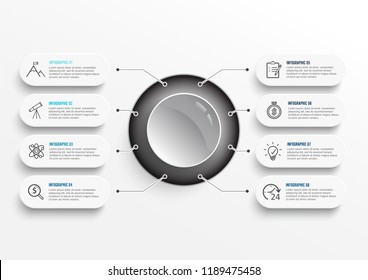 Vector infographic template with 3D paper label, integrated circles. Business concept with 8 options. For content, diagram, flowchart, steps, parts, timeline infographics, workflow, chart.