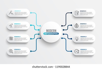 Vector infographic template with 3D paper label, integrated circles. Business concept with 8 options. For content, diagram, flowchart, steps, parts, timeline infographics, workflow, chart.