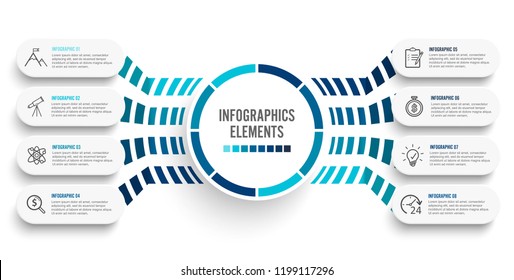 Vector infographic template with 3D paper label, integrated circles. Business concept with 8 options. For content, diagram, flowchart, steps, parts, timeline infographics, workflow, chart. 