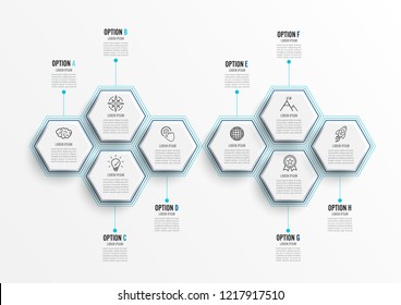 Vector infographic template with 3D paper label, integrated circles. Business concept with 8 options. For content, diagram, flowchart, steps, parts, timeline infographics, workflow, chart.