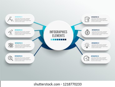 Vector infographic template with 3D paper label, integrated circles. Business concept with 8 options. For content, diagram, flowchart, steps, parts, timeline infographics, workflow, chart.