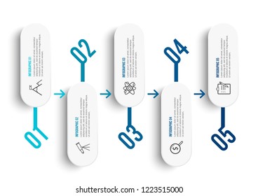 Vector infographic template with 3D paper label, integrated circles. Business concept with five options. For content, diagram, flowchart, steps, parts, timeline infographics, workflow layout, chart.