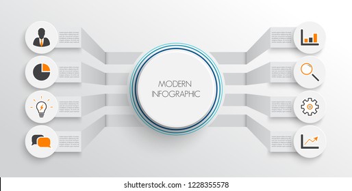 Vector infographic template with 3D paper label, integrated circles. Business concept with 8 options. For content, diagram, flowchart, steps, parts, timeline infographics, workflow, chart.