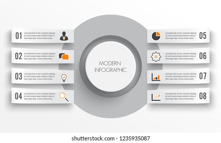 Vector infographic template with 3D paper label, integrated circles. Business concept with 8 options. For content, diagram, flowchart, steps, parts, timeline infographics, workflow, chart.