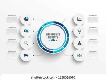 Vector infographic template with 3D paper label, integrated circles. Business concept with 8 options. For content, diagram, flowchart, steps, parts, timeline infographics, workflow, chart.