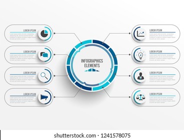 Vector infographic template with 3D paper label, integrated circles. Business concept with 8 options. For content, diagram, flowchart, steps, parts, timeline infographics, workflow, chart.
