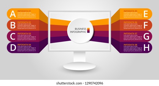 Vector infographic template with 3D paper label, integrated circles. Business concept with 8 options. For content, diagram, flowchart, steps, parts, timeline infographics, chart.