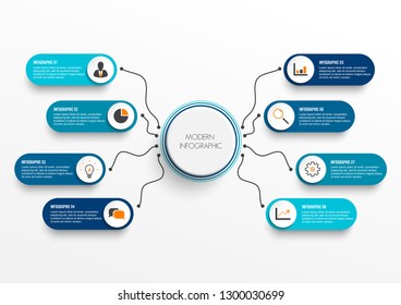 Vector infographic template with 3D paper label, integrated circles. Business concept with 8 options. For content, diagram, flowchart, steps, parts, timeline infographics, workflow, chart.