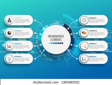 Vector infographic template with 3D paper label, integrated circles. Business concept with 8 options. For content, diagram, flowchart, steps, parts, timeline infographics, workflow, chart.