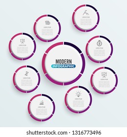 Vector infographic template with 3D paper label, integrated circles. Business concept with 8 options. For content, diagram, flowchart, steps, parts, timeline infographics, workflow, chart.