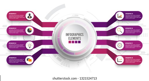 Vector infographic template with 3D paper label, integrated circles. Business concept with 8 options. For content, diagram, flowchart, steps, parts, timeline infographics, workflow, chart.