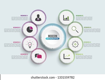 Vector infographic template with 3D paper label, integrated circles. Business concept with 8 options. For content, diagram, flowchart, steps, parts, timeline infographics, workflow, chart.