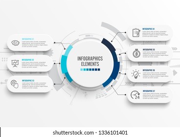 Vector infographic template with 3D paper label, integrated circles. Business concept with 7 options. For content, diagram, flowchart, steps, parts, timeline infographics, workflow, chart.