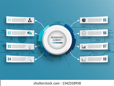 Vector infographic template with 3D paper label, integrated circles. Business concept with 8 options. For content, diagram, flowchart, steps, parts, timeline infographics, workflow, chart.