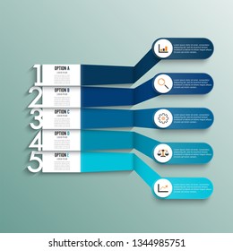 Vector infographic template with 3D paper label, integrated circles. Business concept with 5 options. For content, diagram, flowchart, steps, parts, timeline infographics, workflow, chart.