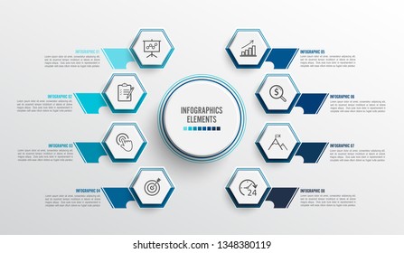 Vector infographic template with 3D paper label, integrated circles. Business concept with 8 options. For content, diagram, flowchart, steps, parts, timeline infographics, workflow, chart.