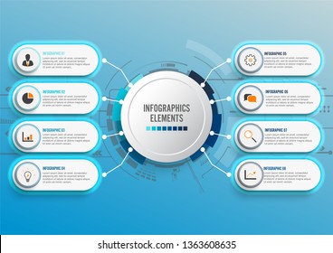 Vector infographic template with 3D paper label, integrated circles. Business concept with 8 options. For content, diagram, flowchart, steps, parts, timeline infographics, workflow, chart.