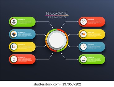 Vector infographic template with 3D paper label, integrated circles. Business concept with 8 options. For content, diagram, flowchart, steps, parts, timeline infographics, workflow, chart.