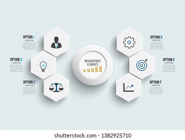 Vector infographic template with 3D paper label, integrated circles. Business concept with 6 options. For content, diagram, flowchart, steps, parts, timeline infographics, workflow, chart.