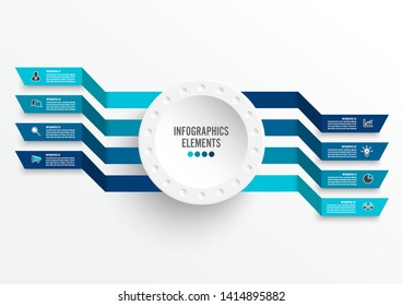 Vector infographic template with 3D paper label, integrated circles. Business concept with 8 options. For content, diagram, flowchart, steps, parts, timeline infographics, workflow, chart.