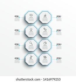 Vector infographic template with 3D paper label, integrated circles. Business concept with 8 options. For content, diagram, flowchart, steps, parts, timeline infographics, workflow, chart.