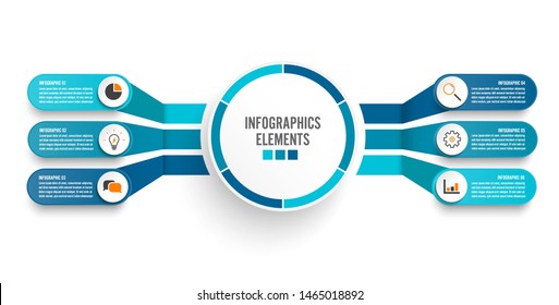 Vector infographic template with 3D paper label, integrated circles. Business concept with 6 options. For content, diagram, flowchart, steps, parts, timeline infographics, workflow, chart.